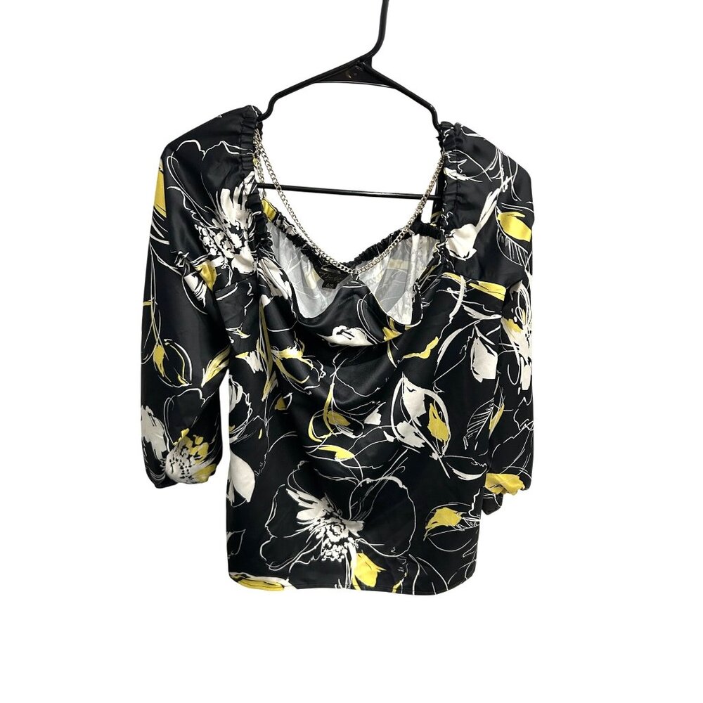 Thalia Sodi NWT Womens Black and Yellow Floral Print Blouse with Chain Detail SZ